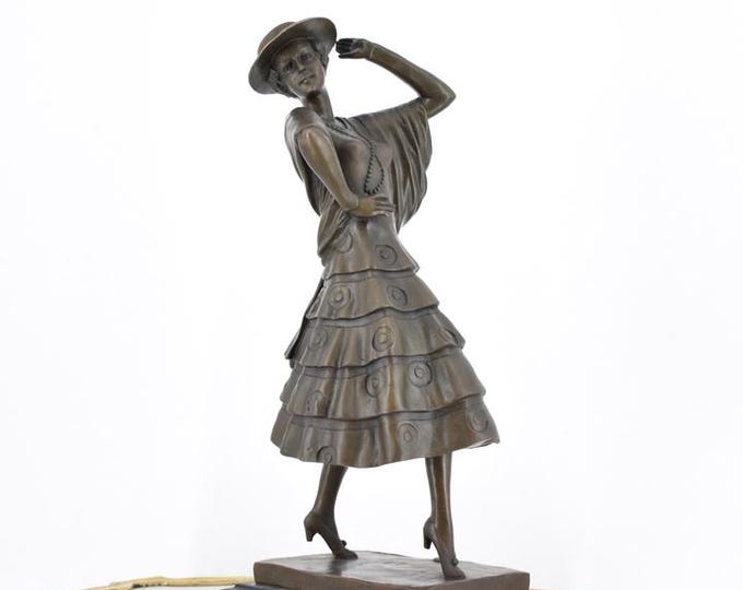 Woman in Hat Aristocrat Bronze Statue – Art Deco Style Figurine – Elegant Dress Sculpture – Premium Home Decor Gift