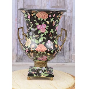 Unique Black Porcelain Vase - Antique Urn and Bronze Ornaments - Art Nouveau Vase Home Decor - Floral Design - Gift for Wedding
