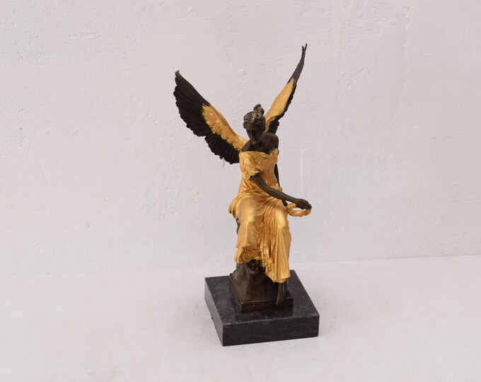 Angel with Gold Laurel Wreath Gilded Bronze Statue Art Deco Style Figurine Sculpture Gift Idea -