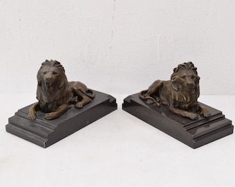 Set Lying Lions Bronze Sculpture on Marble Base - Pair Lion Exclusive Statues - Two Lions Gift Idea - Home and Office Decor - Solid Statues