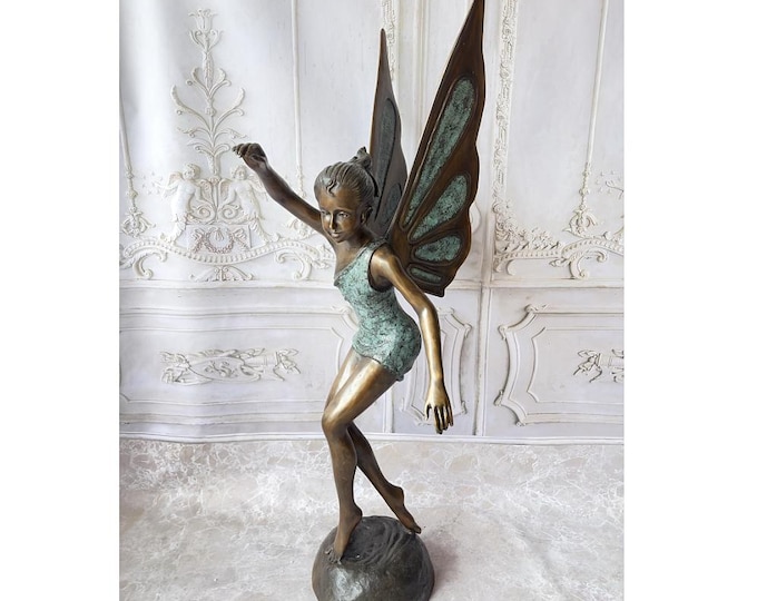 Bronze Thumbelina Fairy Statue – Large Winged Girl Sculpture, Heavy Outdoor Garden Decor