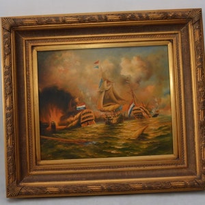Large Oil Sea Battle Golden Frame Oil on canvas Art  Gift   Art Deco Wall  Ships Sea