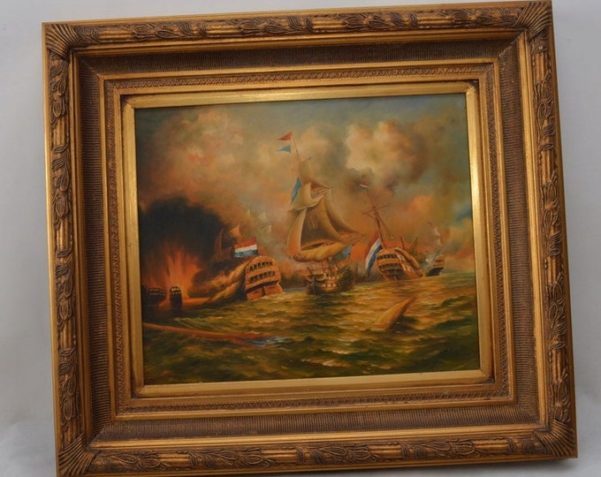 Large Oil Sea Battle Golden Frame Oil on canvas Art  Gift   Art Deco Wall  Ships Sea