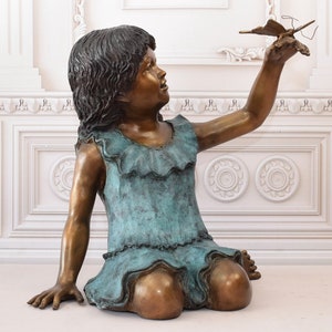 Bronze Statue Girl with Butterfly on Her Hand - Amazing Garden Statue - Beautiful Sculpture Bronze - Richly Decorated for Garden