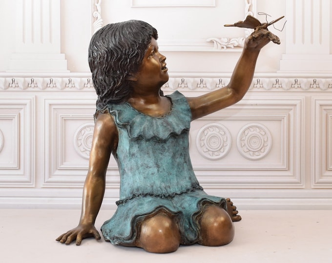 Bronze Statue Girl with Butterfly on Her Hand - Amazing Garden Statue - Beautiful Sculpture Bronze - Richly Decorated for Garden