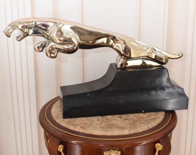 Silver Bronze Jumping Jaguar Sculpture on Marble Base