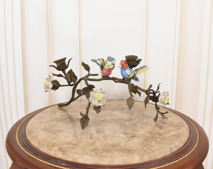 Porcelain with Bronze Candlestick - Candle Parrots Birds on a Branch - Bird Art Deco Gift for Wedding, Birthday, Housewarming - Home Decor