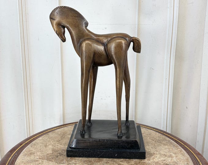 Abstract Bronze Horse Sculpture – Fernando Botero Style, Marble Base Art Decor