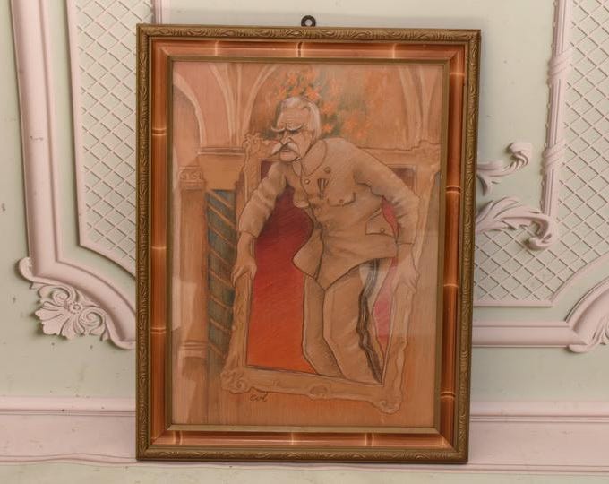 Antique Jozef Pilsudski Pastel Caricature – 1935 Vintage Portrait Art