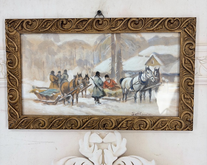 A. Setkowicz Antique Watercolor Painting - Winter Horse Sleigh Scene - Signed Polish Art - Ornate Frame