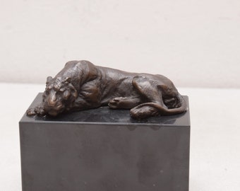 Lying Tiger Bronze Sculpture on Marble Base - Panther Bronze Figure - Home Decor - Richly Decorated - Good Gift Idea