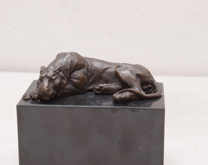 Lying Tiger Bronze Sculpture on Marble Base - Panther Bronze Figure - Home Decor - Richly Decorated - Good Gift Idea