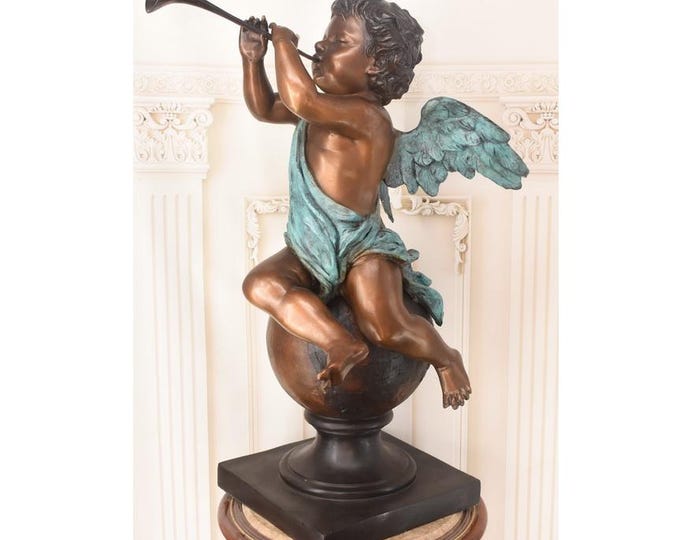 Large Seated Cupid with Trumpet – Monumental Vintage Bronze Sculpture – Classical Angel Figure – European Decorative Art