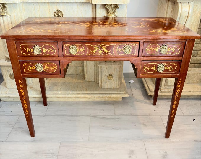 Vintage Louis XVI Style Inlaid Writing Desk – French Five Drawer Office Furniture