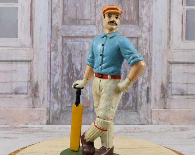 Cricket Player Sculpture - Cast Iron Man Colorful - Vintage Statue - Funny Gift Idea - Home Decor - Desk Decor