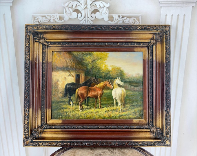 Vintage French Horses Oil Painting – Pastoral Landscape with Gold Frame