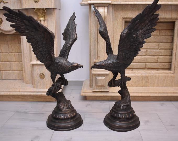 Amazing Bronze Eagles With Spread Wings – Pair on Marble Bases – Vintage Bird Sculptures – Powerful Home Decor – Two Fierce Eagles