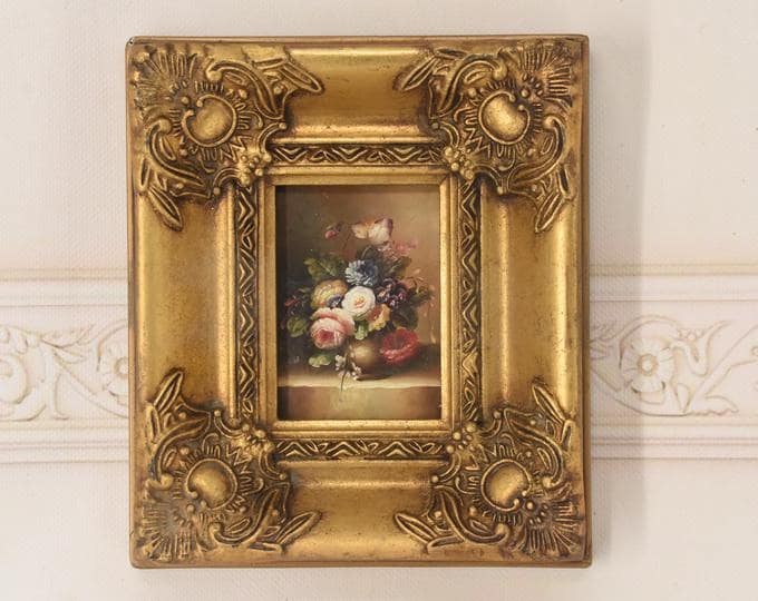 Flowers in a Vase – Vintage Miniature Oil Painting – Floral Still Life – Classic European Art – Unique Wall Decor