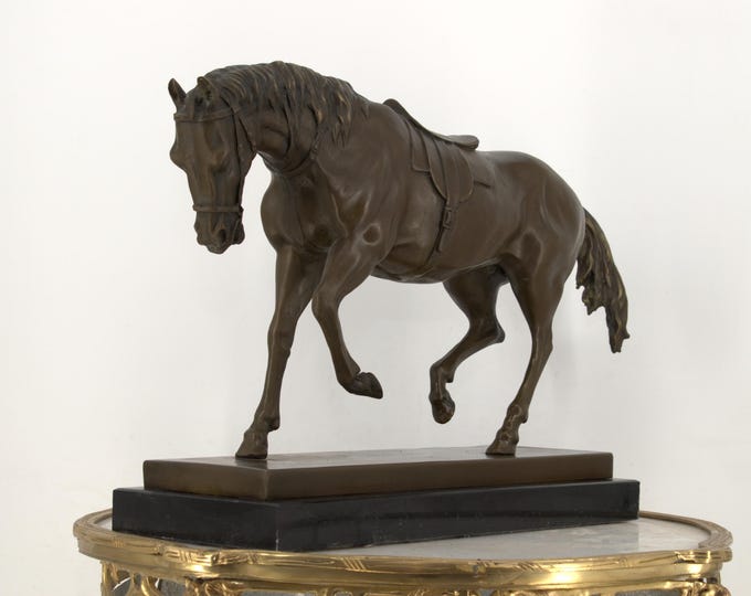Saddled Steed Bronze Sculpture on Marble Base – Foundry Mark – Exclusive Horse Statue – PJ MENE Style Collectible Art