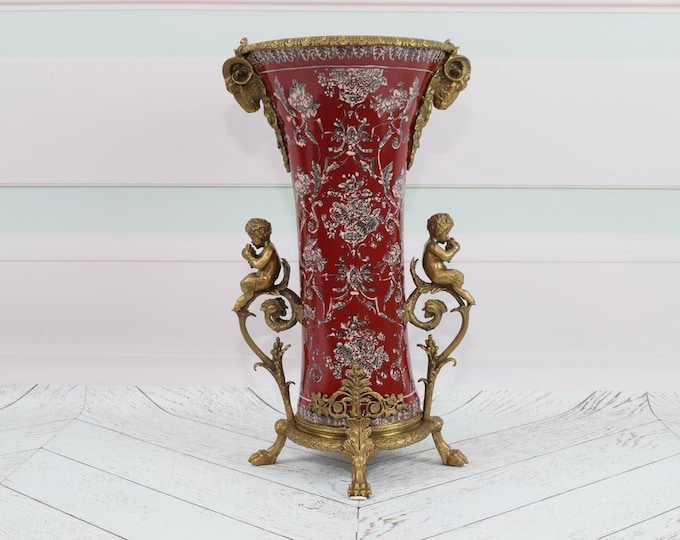 Red Large Vase with Angels - Amazing Porcelain Vase with Bronze Ornaments - Floral Design - Home Decor - Premium Gift for Wedding
