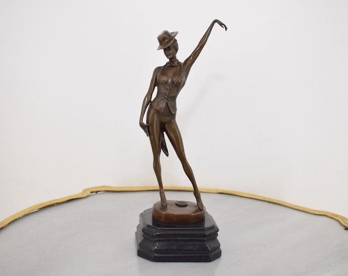Bronze Sculpture of Woman in Corset with Hat – Signed French Statue on Marble Base – Elegant Vintage Home Decor Collectible