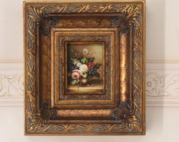 Flowers in a Vase – Vintage Miniature Oil Painting – Floral Still Life – Classic European Art – Unique Wall Decor
