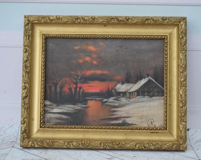 Antique Nocturne Painting – Oil on Wood – Golden Frame – Polish Art – Unique Wall Decor – Exclusive Gift – Vintage Home Accent