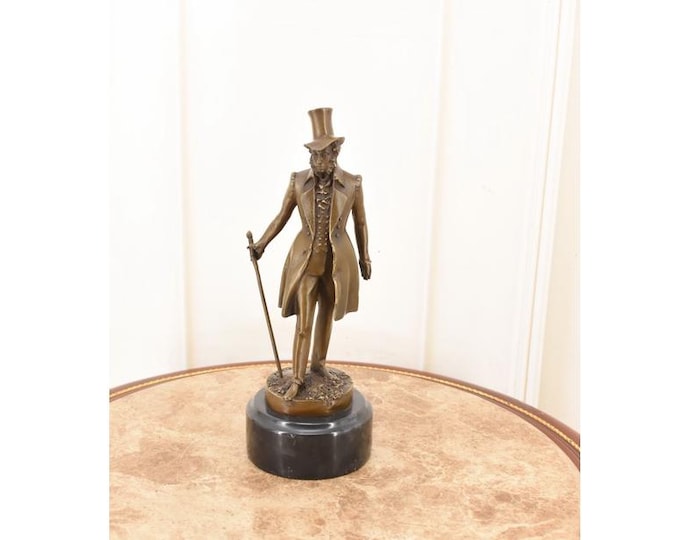 Vintage French Bronze Pushkin Figurine – Gentleman in Hat Sculpture
