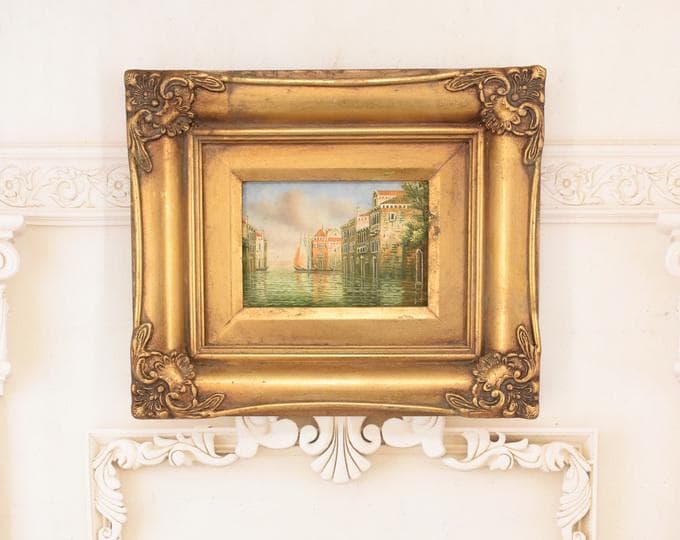 Venice Canal Painting – Italian Cityscape Art in Golden Frame