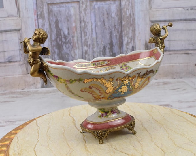 Bowl - Two Playing Angels Porcelain with Bronze Ornaments - Plateau Art Nouveau - Exclusive Porcelain Flower Design -