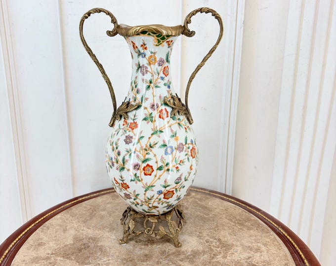 Large Beige Porcelain Vase – Art Nouveau Botanical Motif, Bronze Mounts – Secession Style Home Decor