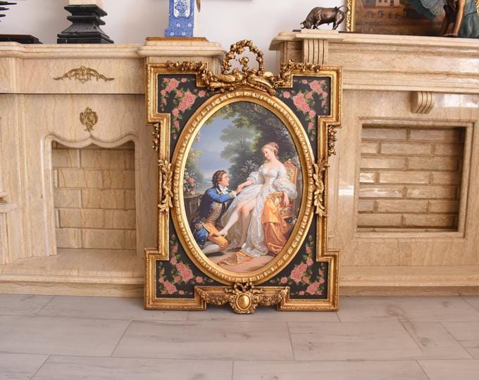 Large Vintage Aristocratic Portrait in Gold Wooden Frame, Elegant Noble Wall Art