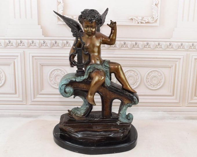 Angel Playing the Harp Bronze Sculpture on Marble Base - Cherub Figure - Premium Bronze Statue - Home and Garden Decor - Gift for Birthday