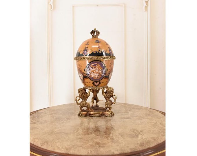 Porcelain Egg Box: Bronze Lions, Floral Ornaments, Home Decor