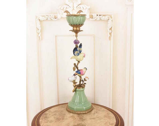Porcelain Candleholder with Bronze Birds on Branch – Elegant Classic Decor
