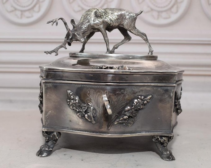 Large Antique Silver Sugar Box - Hunting Sugar Bowl Attacking Deer - Imperial Russia Silver 84 - Tsar Silver - Collector Item - Gift Idea