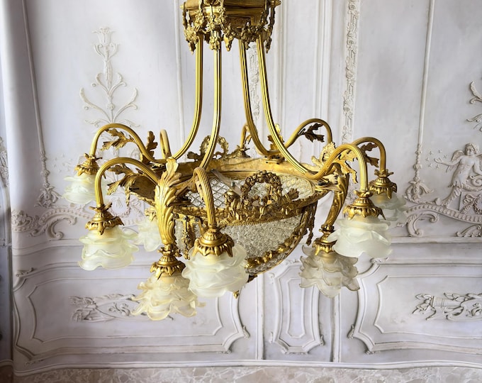 Vintage French Bronze Chandelier with Flower Glass Shades – Elegant Ceiling Light