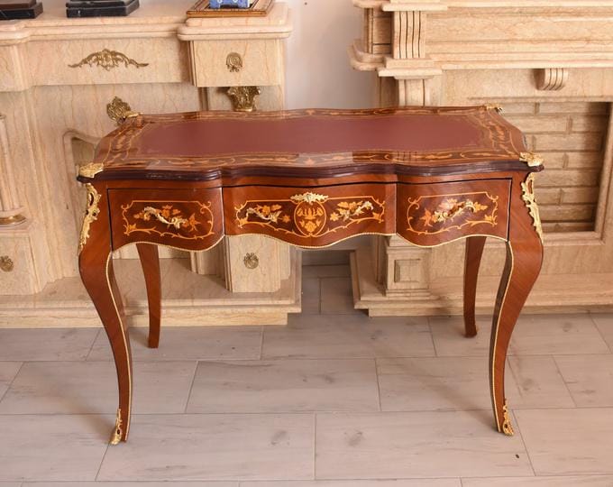 Vintage Louis XVI Style Inlaid Writing Desk, French Leather Top Office Furniture