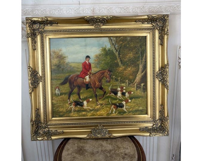 Vintage Hunting Scene Oil Painting on Canvas - Hunter with Pointer Dogs - Ornate Gold Frame - Unique Wall Art