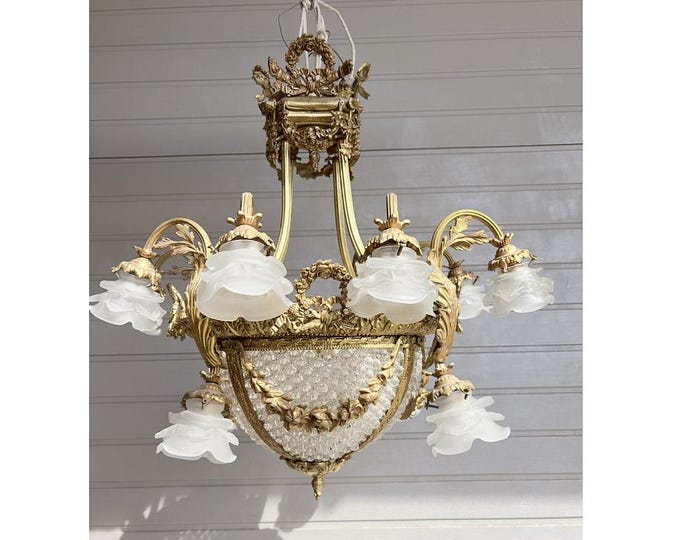 Vintage French Bronze Chandelier - Crystal Basket - Frosted Glass Flower Shades - Ornate Ceiling Light
