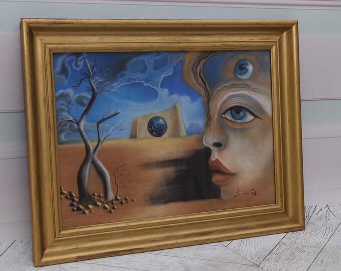 Salvador Dali Style Abstract Woman's Head – Vintage Pastel on Cardboard – Surreal Spanish Art – Wall Decor - Gift Idea