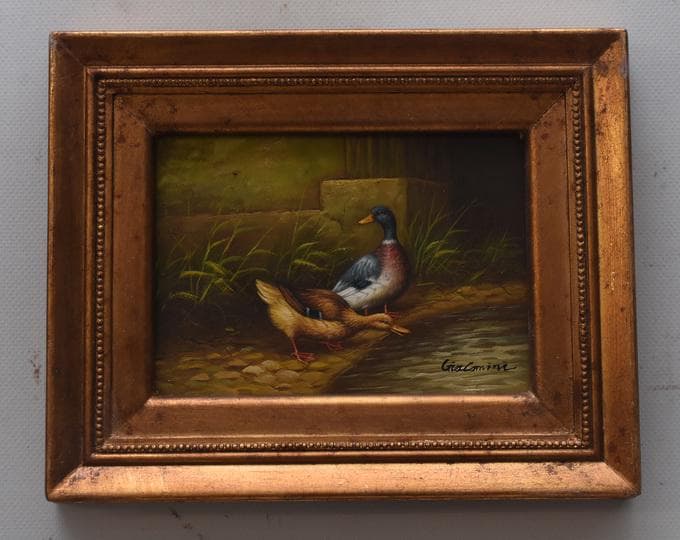 Painting Family White Ducks - Nice Frame - Ducks Painting Art - Old Oil on Wood - French Art - Wall Decor - Art Work Gift Idea for Birthday