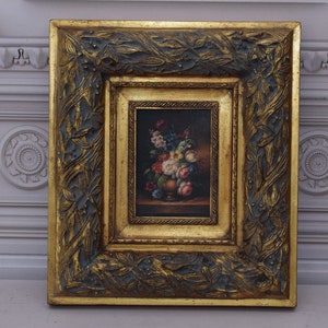 Flowers Painting in Golden Frame - Oil on Wood - French Art - Flower Wall Art Decor - Home Decor - Gift for Birthday, Wedding, Housewarming