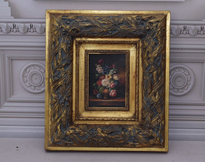 Flowers Painting in Golden Frame - Oil on Wood - French Art - Flower Wall Art Decor - Home Decor - Gift for Birthday, Wedding, Housewarming