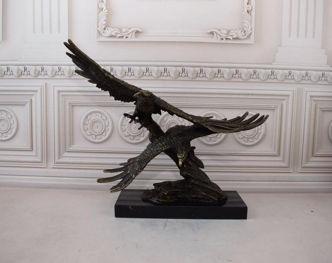 Large Two Flying Eagles Bronze Sculpture - Figure on Marble Base - Eagle Statue - Vintage Gift Idea - Home and Office Decor - Hunting Statue