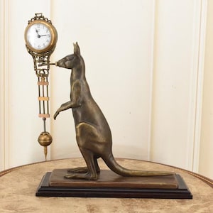 Può includere: Una statuetta di canguro color bronzo su una base rettangolare, posizionata davanti a un orologio da parete verticale con quadrante bianco, numeri neri e un lungo pendolo. Il canguro è rivolto verso sinistra, di fronte al meccanismo.