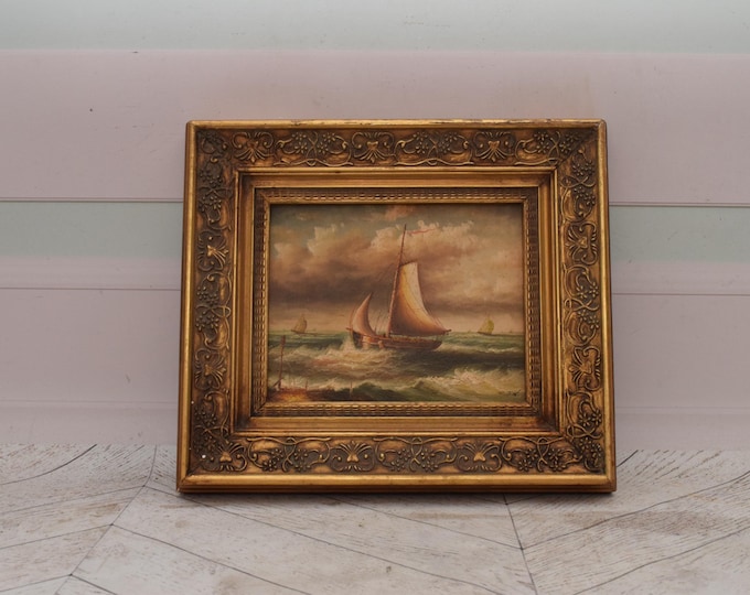 Vintage Painting Boat on Sea - Painting with Gold Frame - Sea Lovers Art - Painting HandMade Wall Decor - Home Decor - Gift Idea