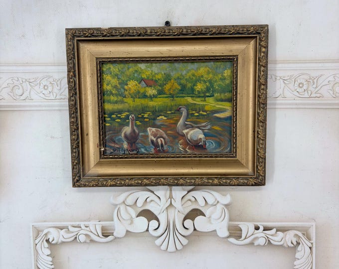Antique Oil Painting – Geese by the Pond – Signed Filipkiewicz – Oil on Wood – Gold Ornate Frame