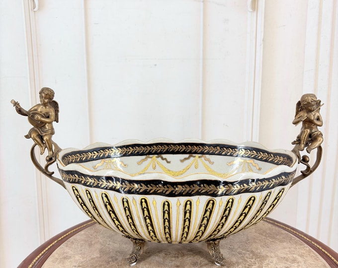 Art Nouveau Porcelain Bowl: Bronze Angels, Floral Design