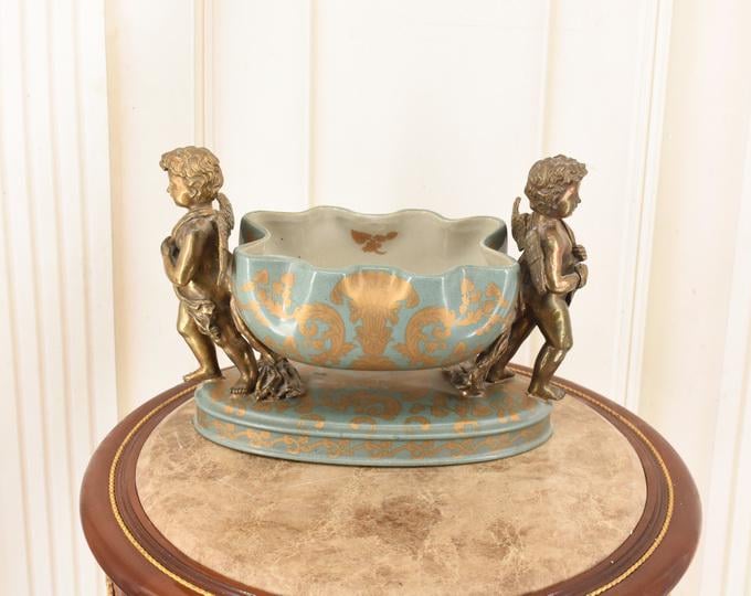 Vintage Gilded Porcelain Plateau – Signed Bowl with Bronze Angel Ornaments
